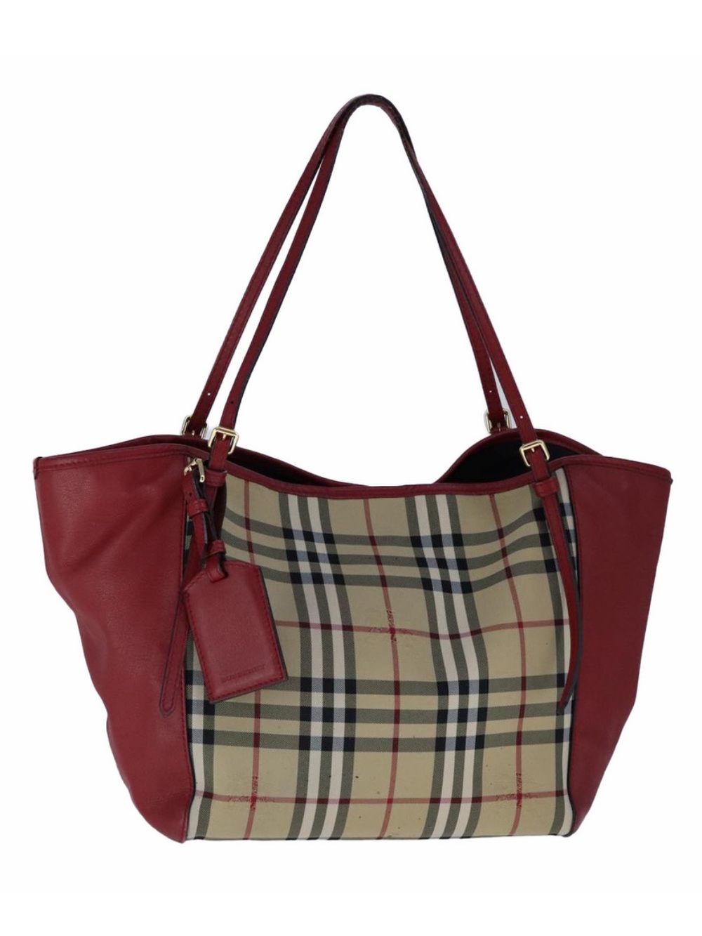 Burberry Nova Check Tote | Red leather | Beige Canvas